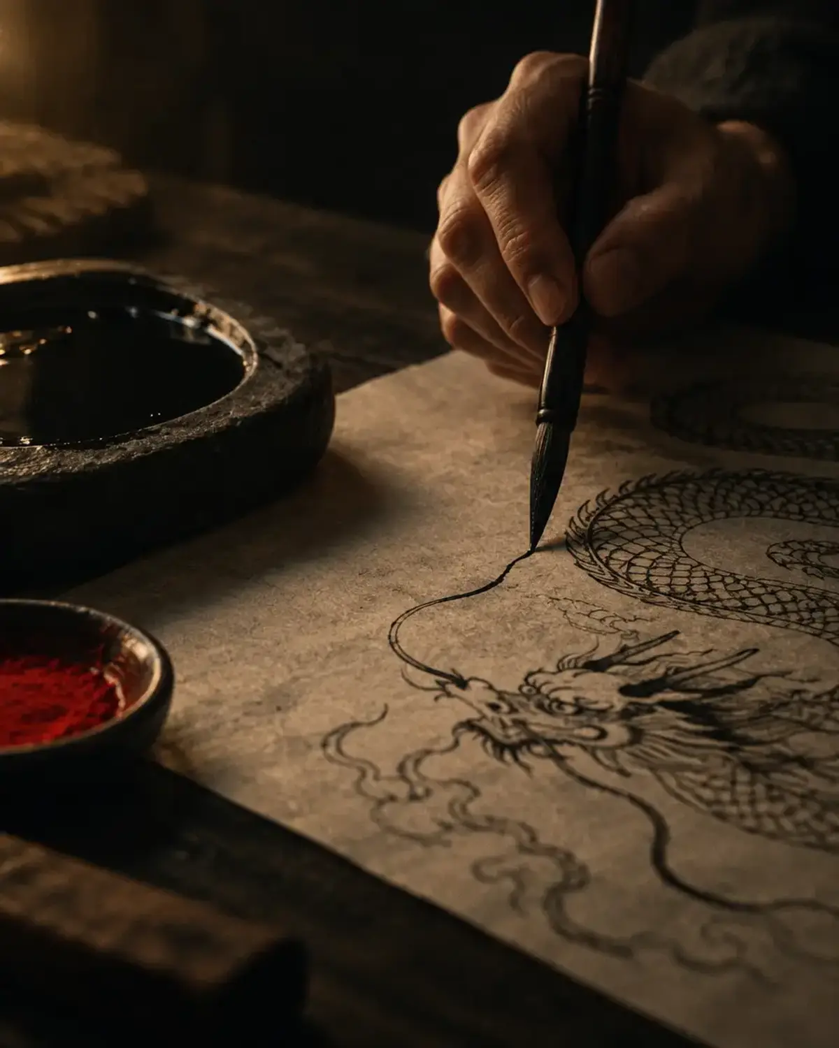 A brush drawing a dragon outline on washi paper