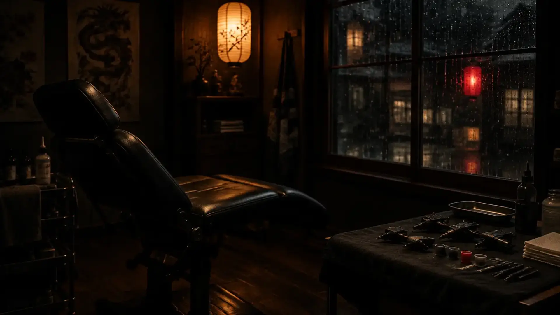 The studio at night: chair, lantern, tools on a cloth
