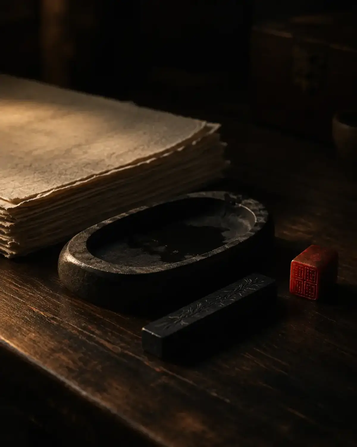 Washi paper, an ink stone and a red seal