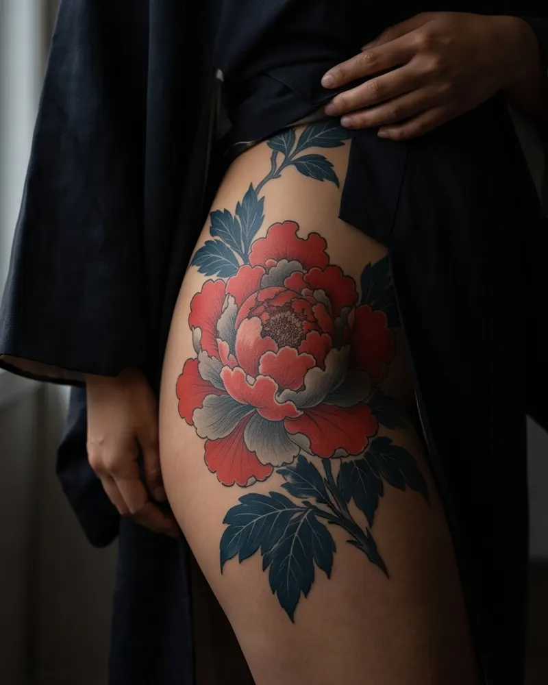 Peony tattoo, healed, on the hip