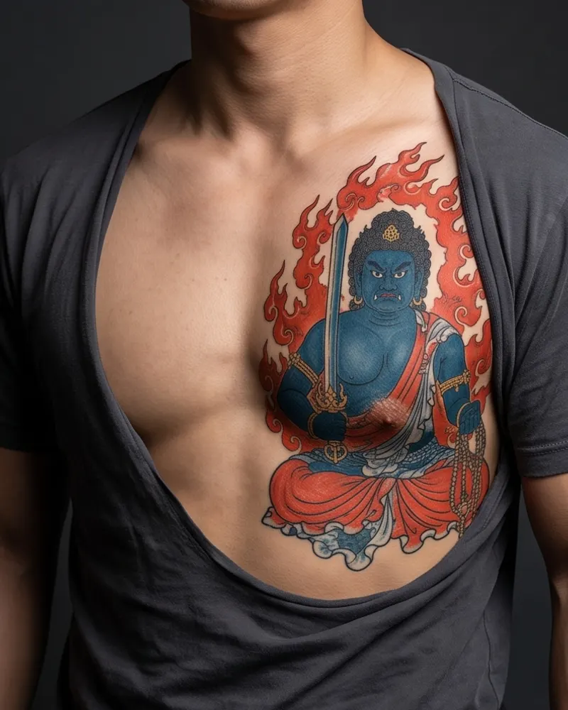 Fudō Myōō tattoo, healed, on the chest