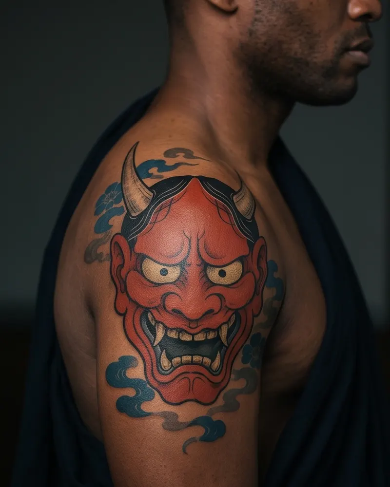 Hannya tattoo, healed, on the shoulder