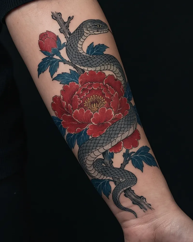 Snake tattoo, healed, on the forearm