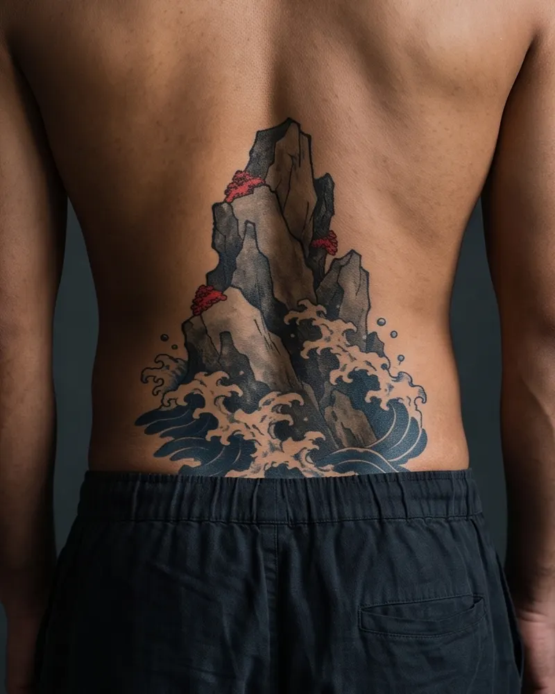 Rocks tattoo, healed, on the lower back