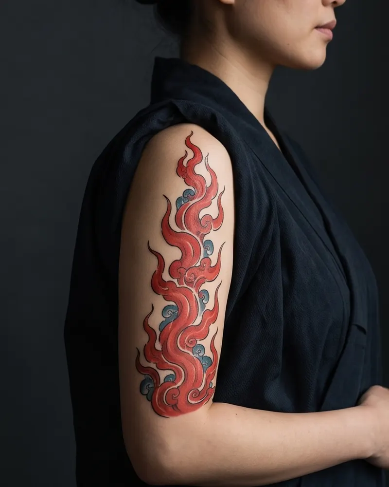 Flames tattoo, healed, on the upper arm