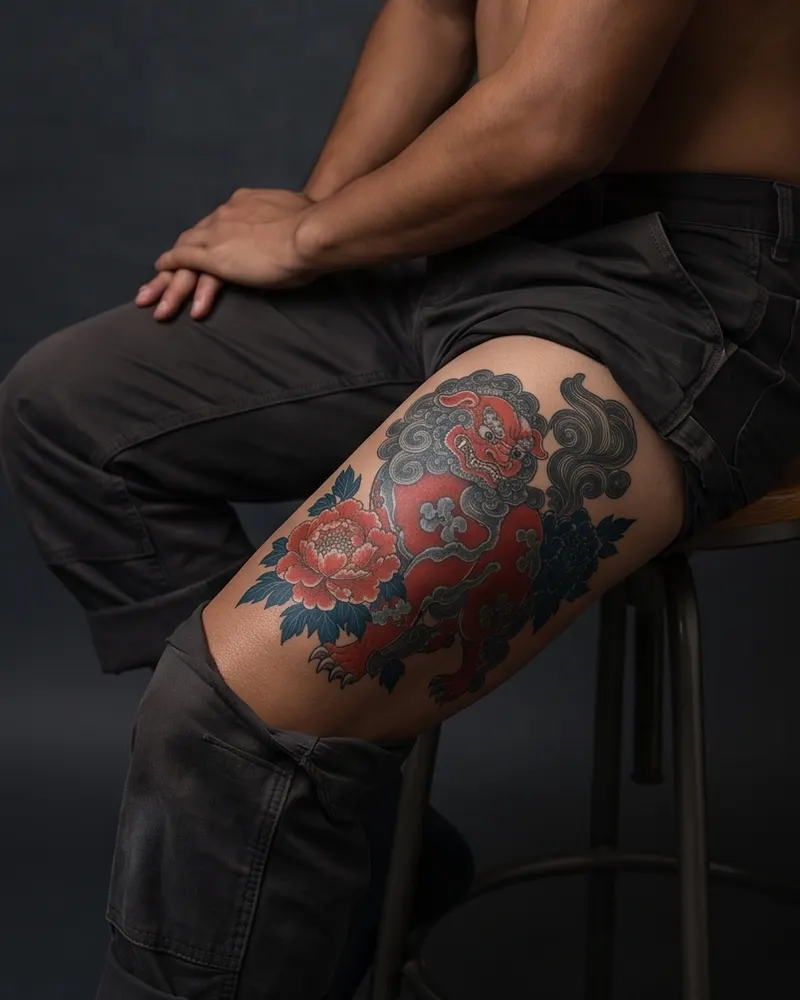 Foo dog tattoo, healed, on the thigh