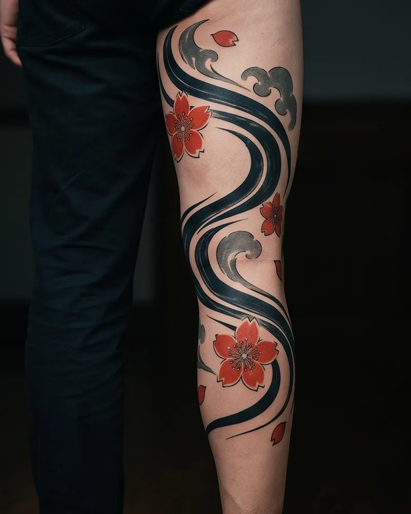 Wind bars tattoo, healed, on the leg