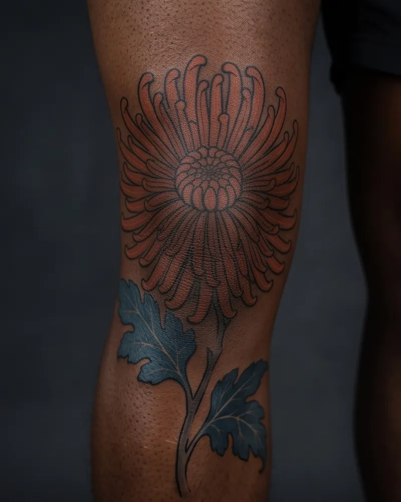 Chrysanthemum tattoo, healed, on the leg