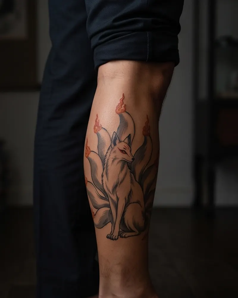 Fox tattoo, healed, on the calf