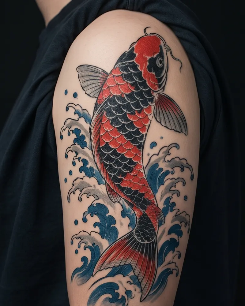 Koi tattoo, healed, on the upper arm