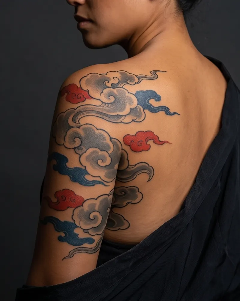 Clouds tattoo, healed, on the shoulder