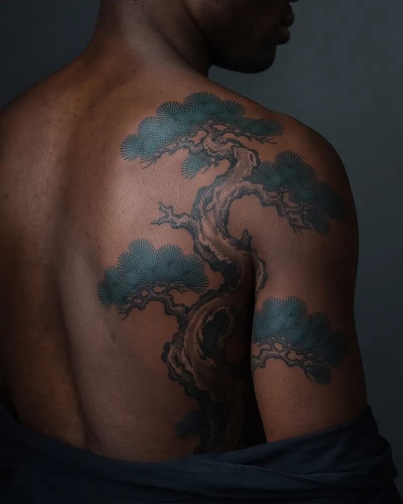 Pine tattoo, healed, on the upper back