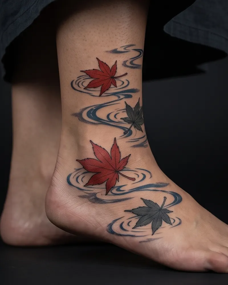 Maple leaves tattoo, healed, on the ankle