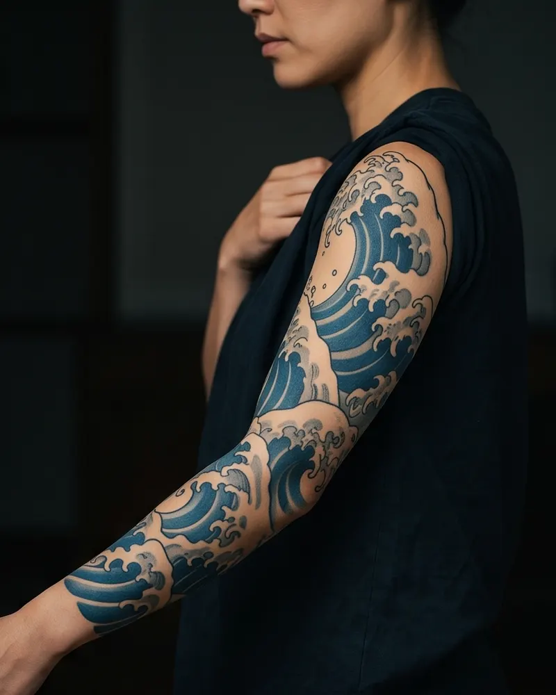 Waves tattoo, healed, on a full sleeve