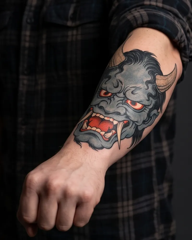 Oni tattoo, healed, on the forearm