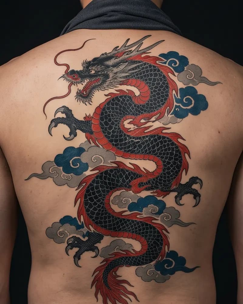 Dragon tattoo, healed, on the back