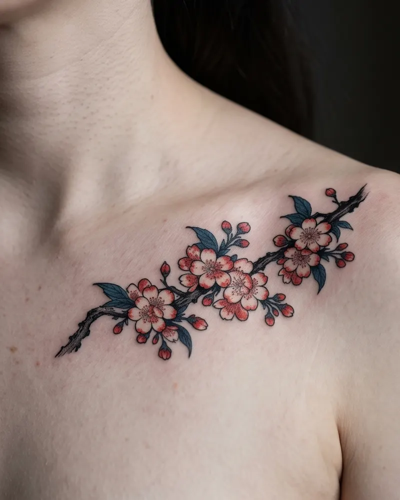 Cherry blossom tattoo, healed, on the collarbone