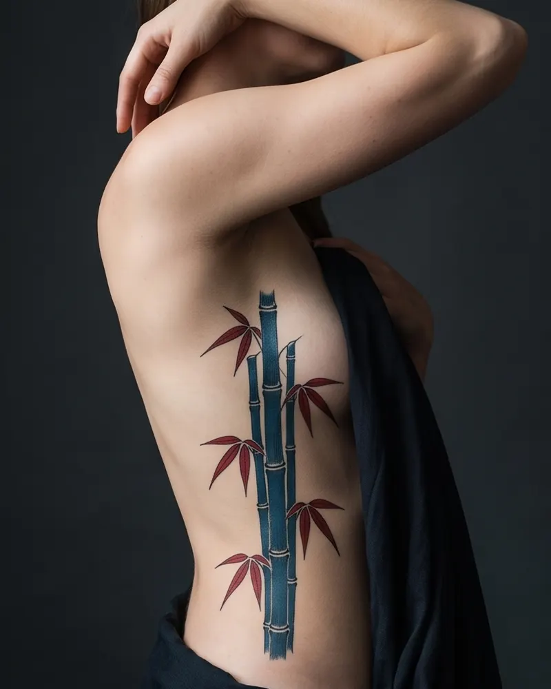 Bamboo tattoo, healed, on the ribs