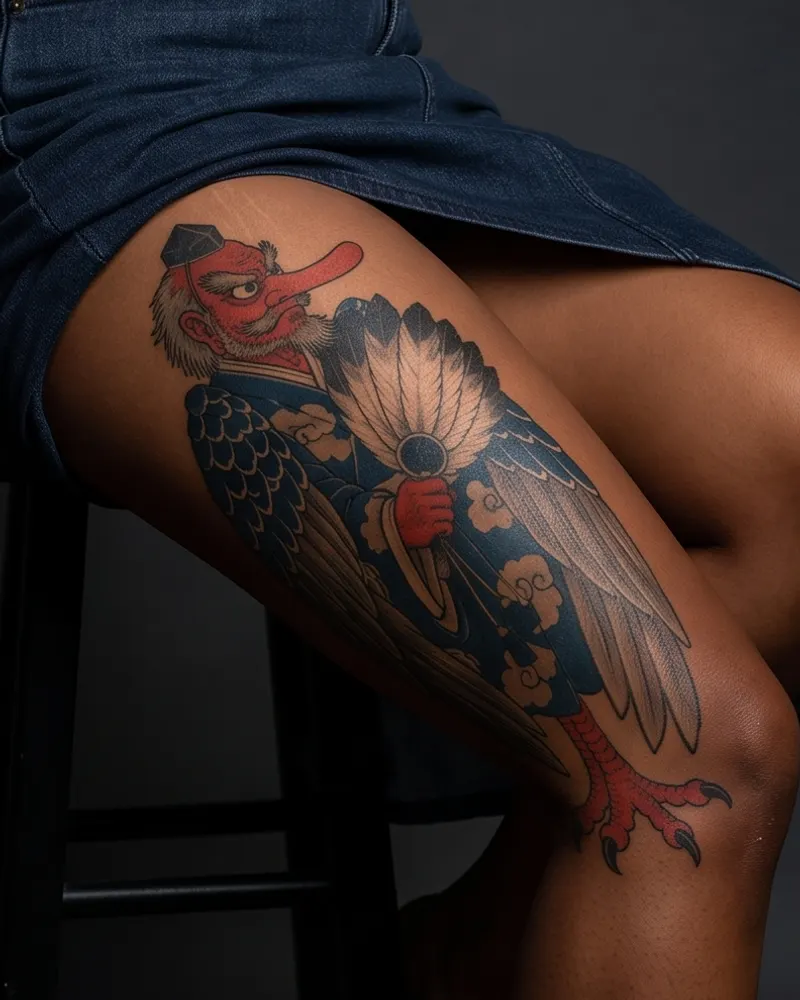 Tengu tattoo, healed, on the thigh