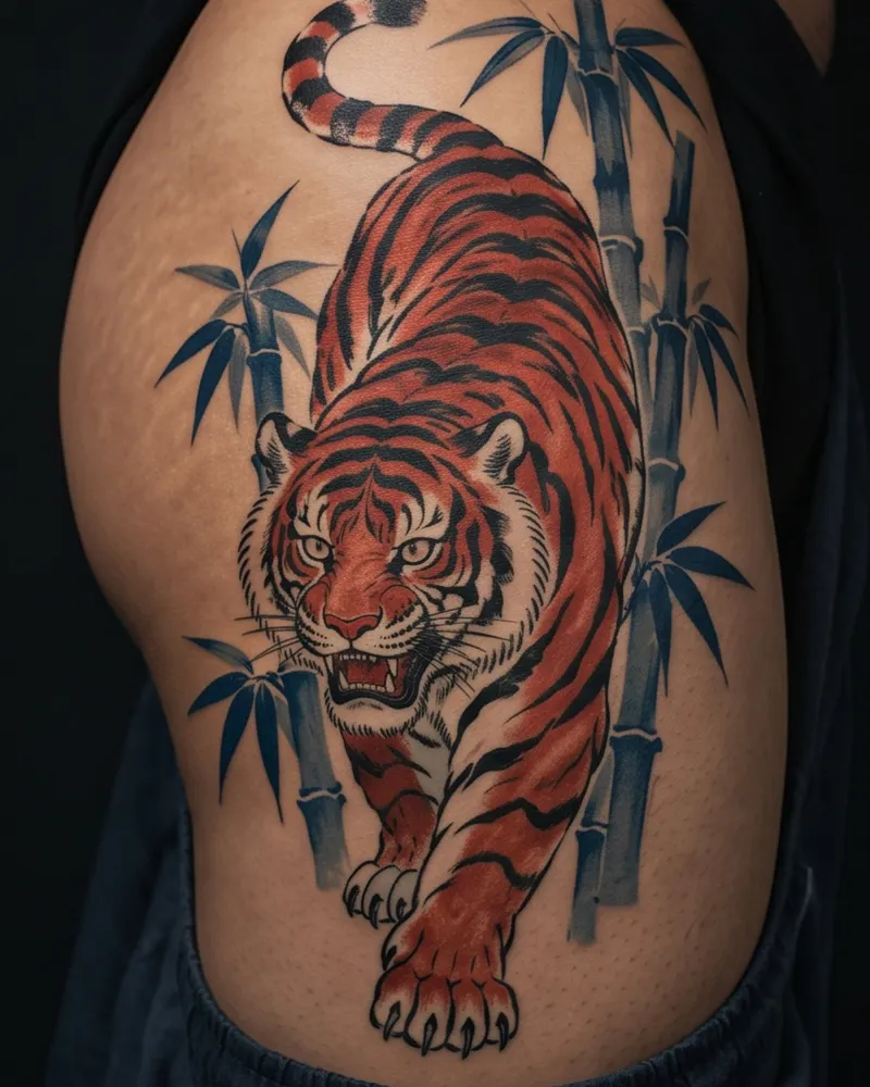 Tiger tattoo, healed, on the hip and thigh