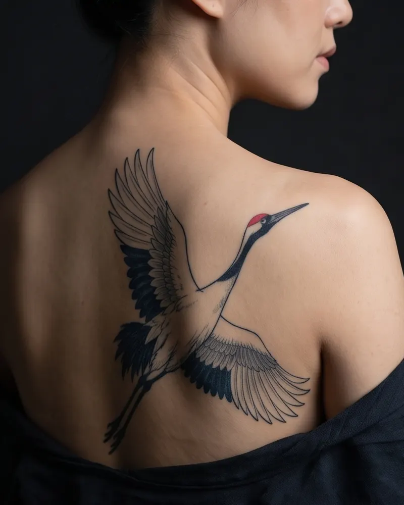 Crane tattoo, healed, on the upper back