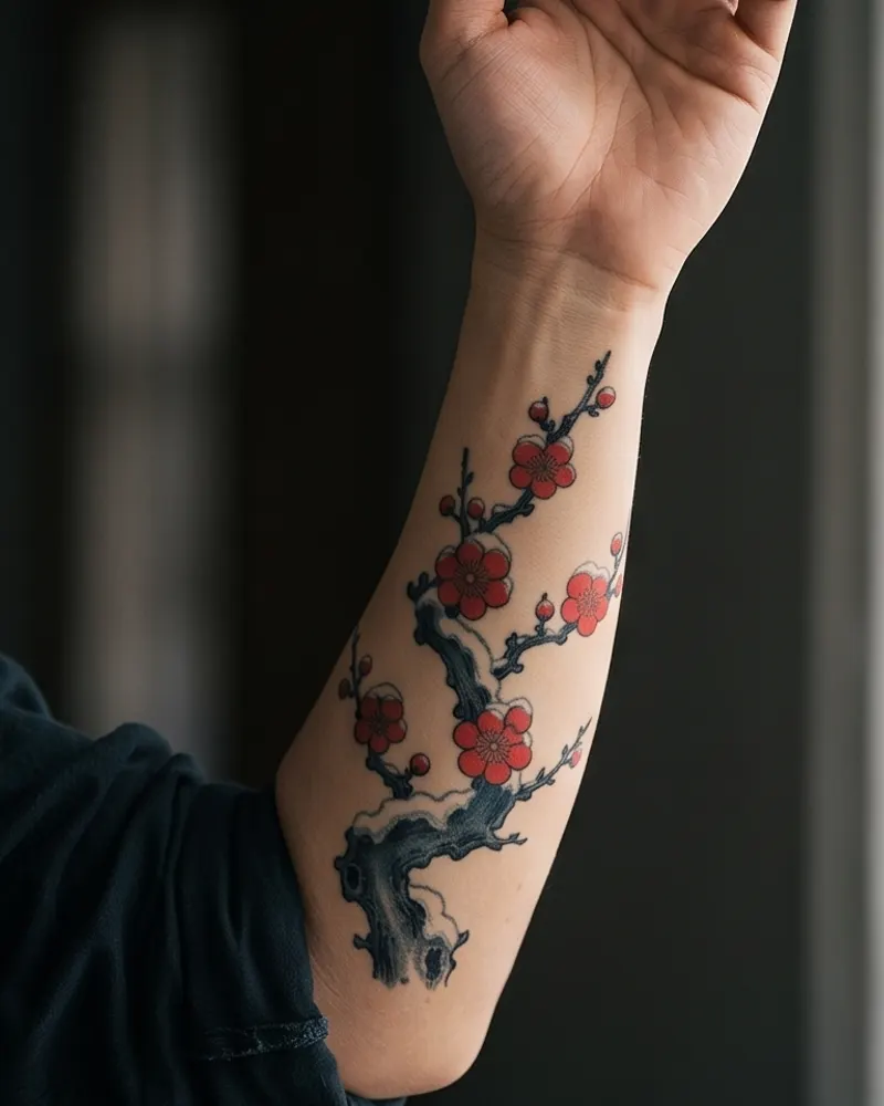 Plum blossom tattoo, healed, on the forearm
