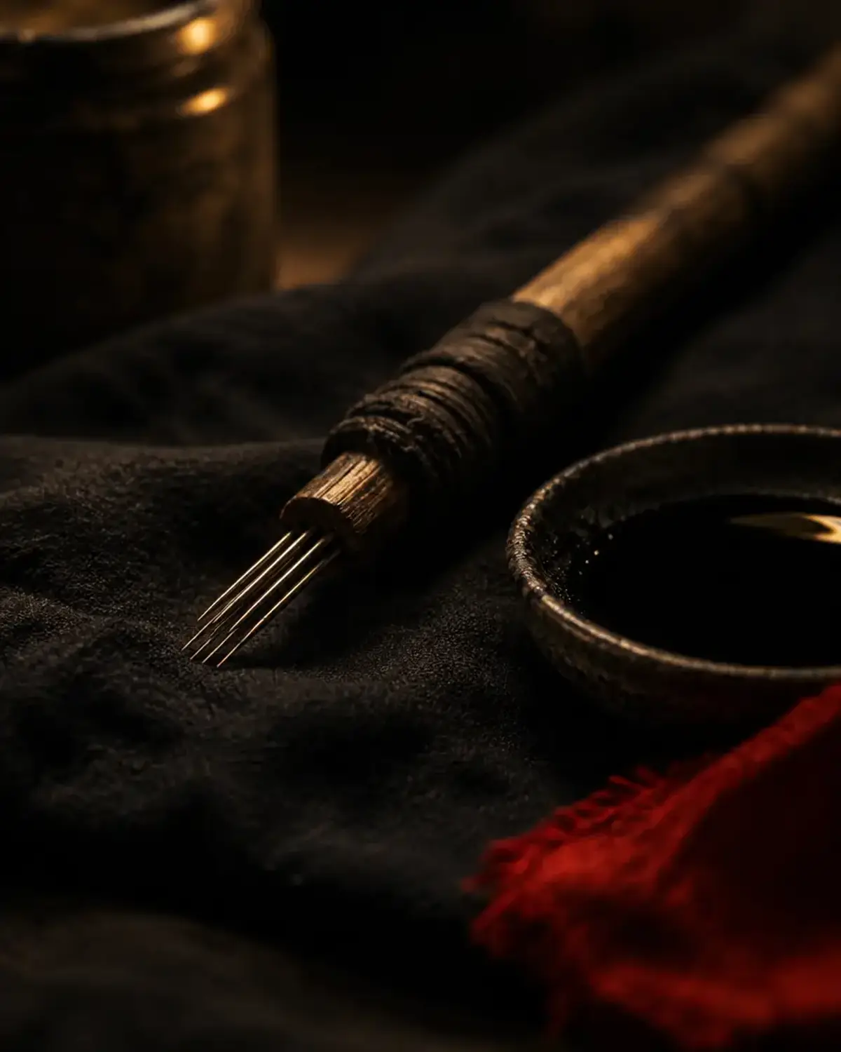 A tebori rod and needles on dark cloth